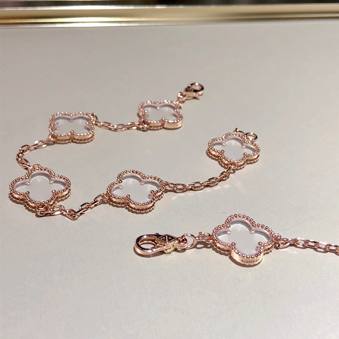 [Agudo Jewelry]CLOVER 5 MOTIF ROCK CRYSTAL PINK GOLD BRACELET