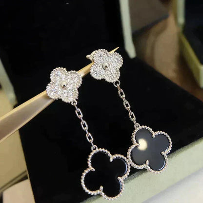 [Agudo Jewelry]CLOVER 2 MOTIFS  DIAMOND ONYX EARRINGS SILVER