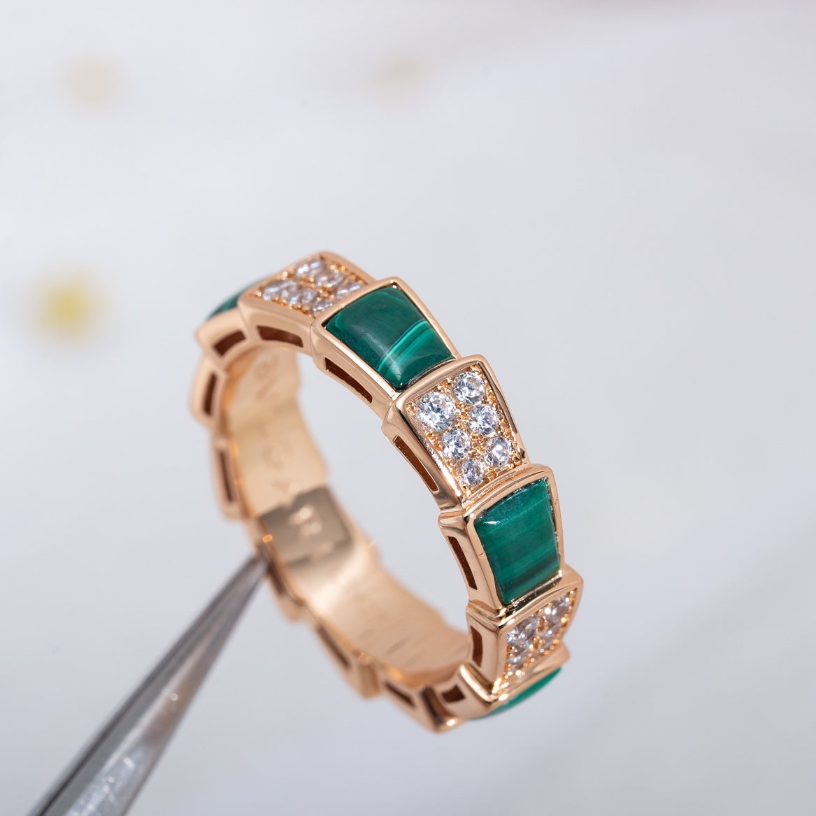 [Agudo  Jewelry]SERPENTI RING PINK GOLD MALACHITE DIAMOND PAVED 4MM