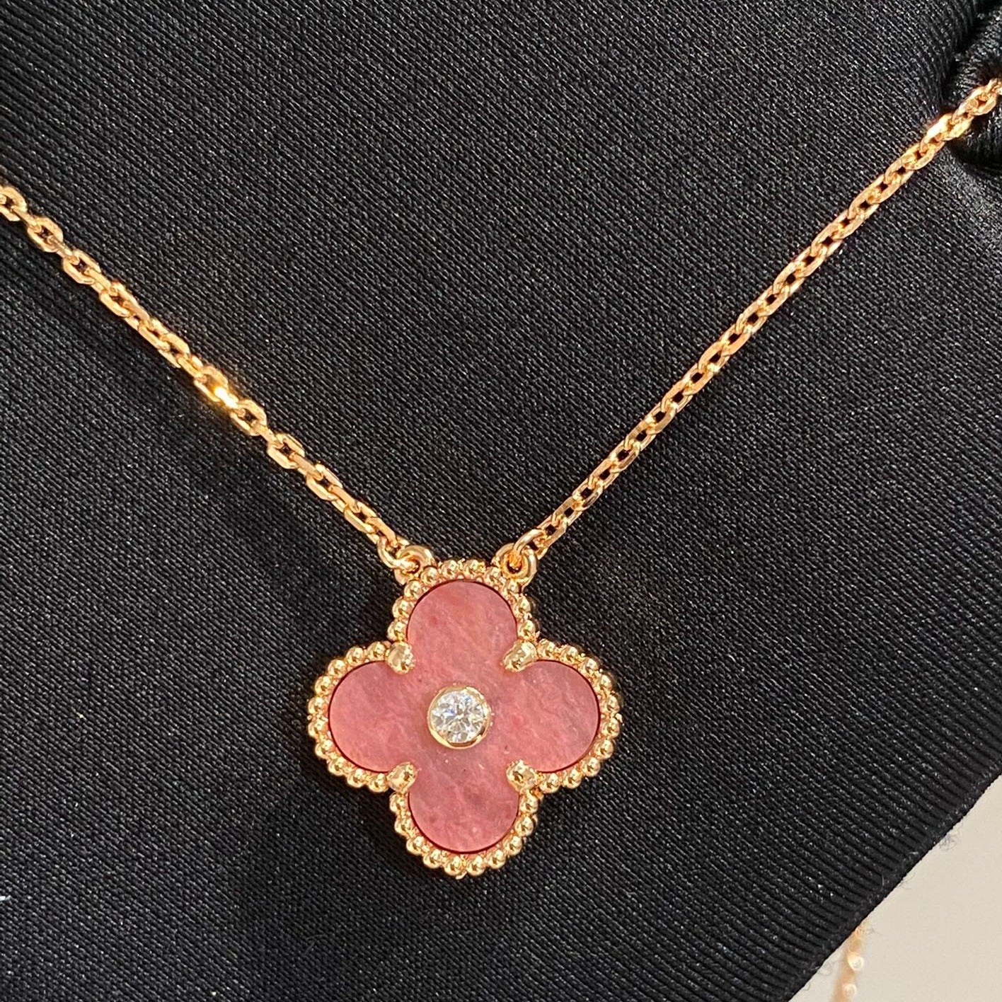 [Agudo Jewelry]CLOVER 15MM DIAMOND RHODONITE NECKLACE