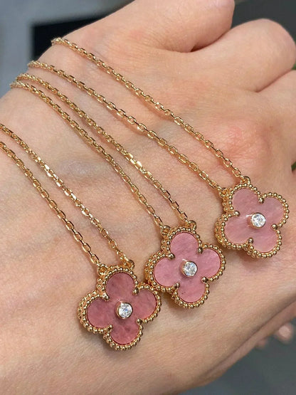 [Agudo Jewelry]CLOVER 15MM DIAMOND RHODONITE NECKLACE