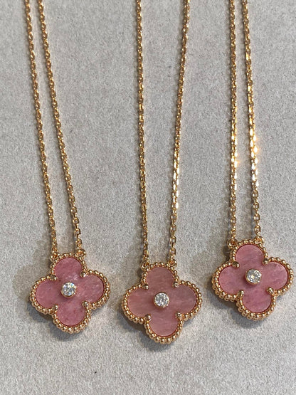 [Agudo Jewelry]CLOVER 15MM DIAMOND RHODONITE NECKLACE