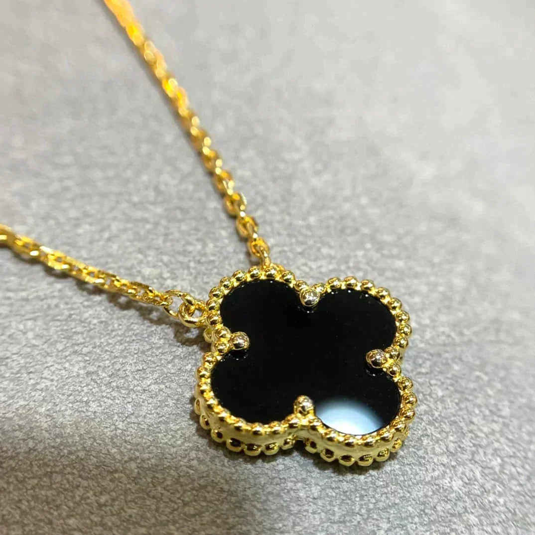 [Agudo Jewelry]CLOVER 15MM BLACK ONYX SINGLE FLOWER NECKLACE