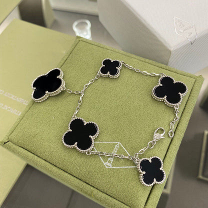 [Agudo Jewelry]CLOVER 5 MOTIFS SIVLER ONYX BRACELET