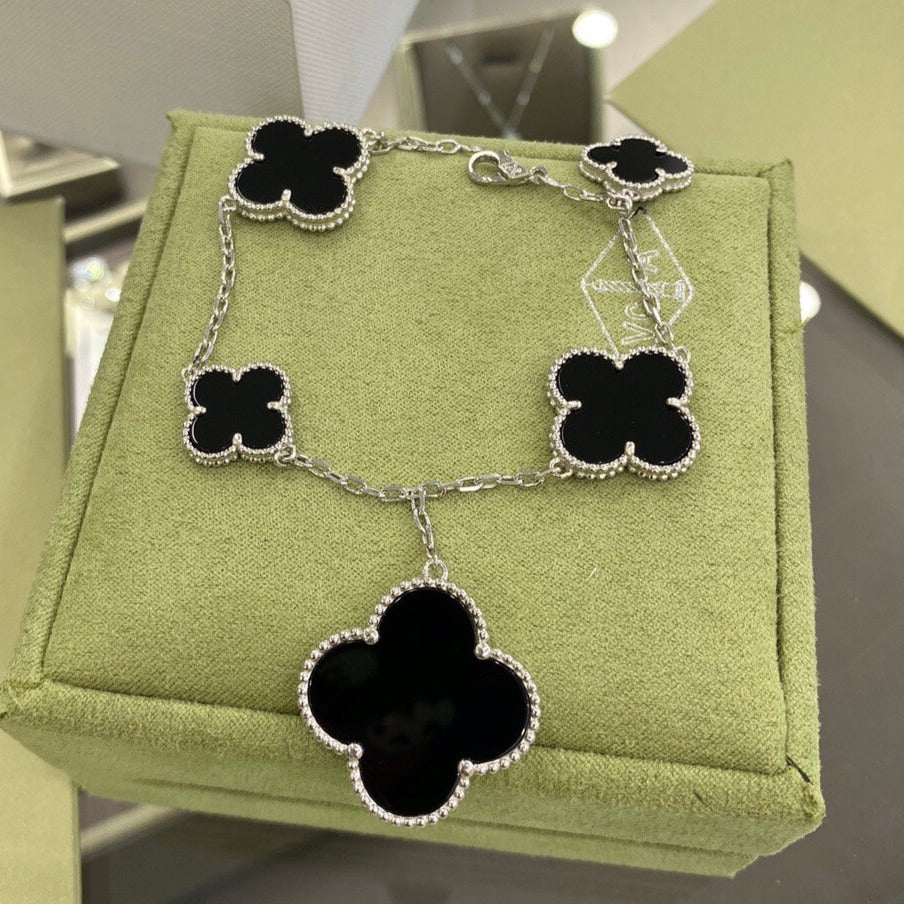 [Agudo Jewelry]CLOVER 5 MOTIFS SIVLER ONYX BRACELET