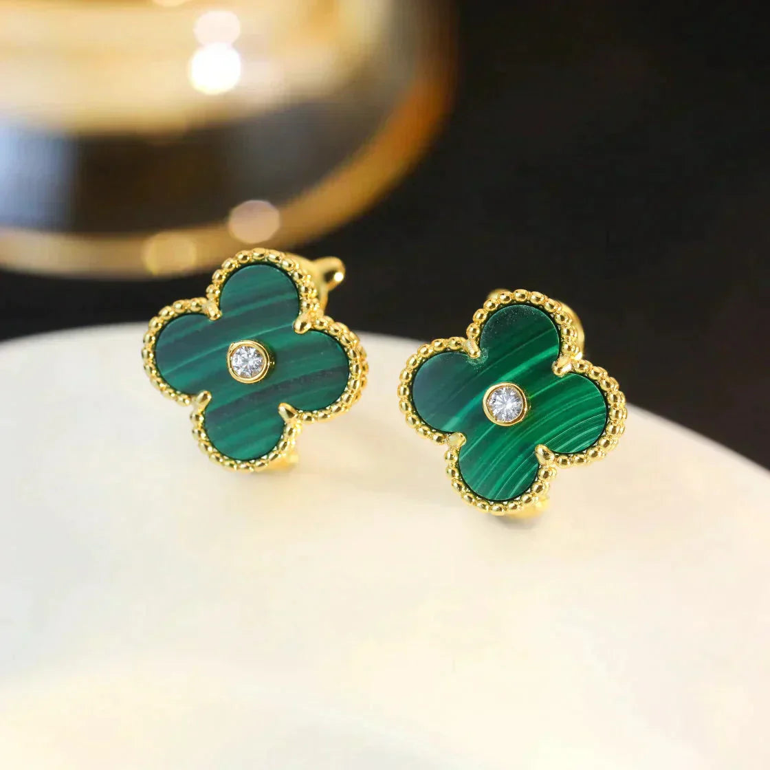 [Agudo Jewelry]CLOVER MEDIUM 1 MOTIFS MALACHITE DIAMOND EARRINGS