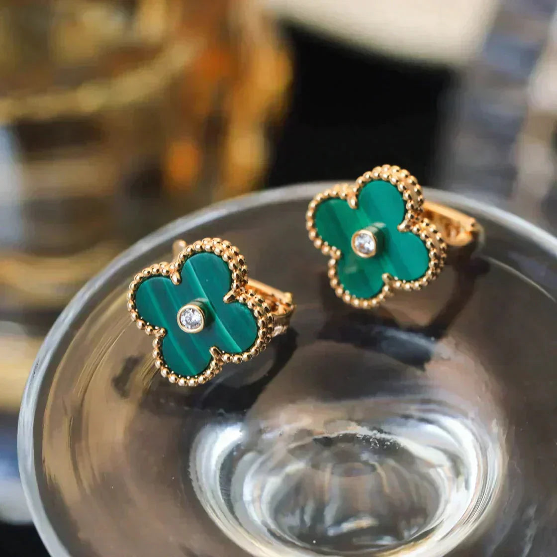 [Agudo Jewelry]CLOVER MEDIUM 1 MOTIFS MALACHITE DIAMOND EARRINGS