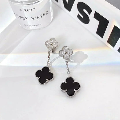 [Agudo Jewelry]CLOVER 2 MOTIFS  DIAMOND ONYX EARRINGS SILVER