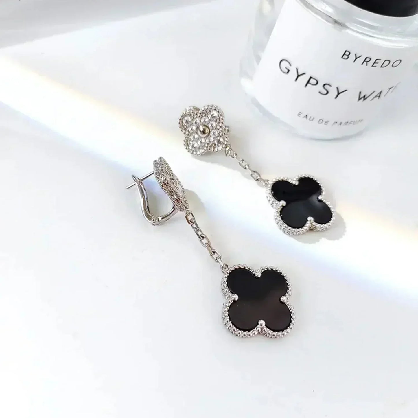 [Agudo Jewelry]CLOVER 2 MOTIFS  DIAMOND ONYX EARRINGS SILVER