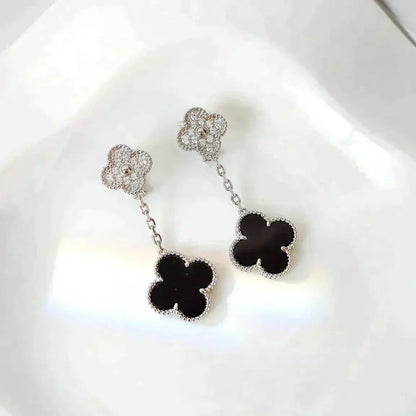 [Agudo Jewelry]CLOVER 2 MOTIFS  DIAMOND ONYX EARRINGS SILVER