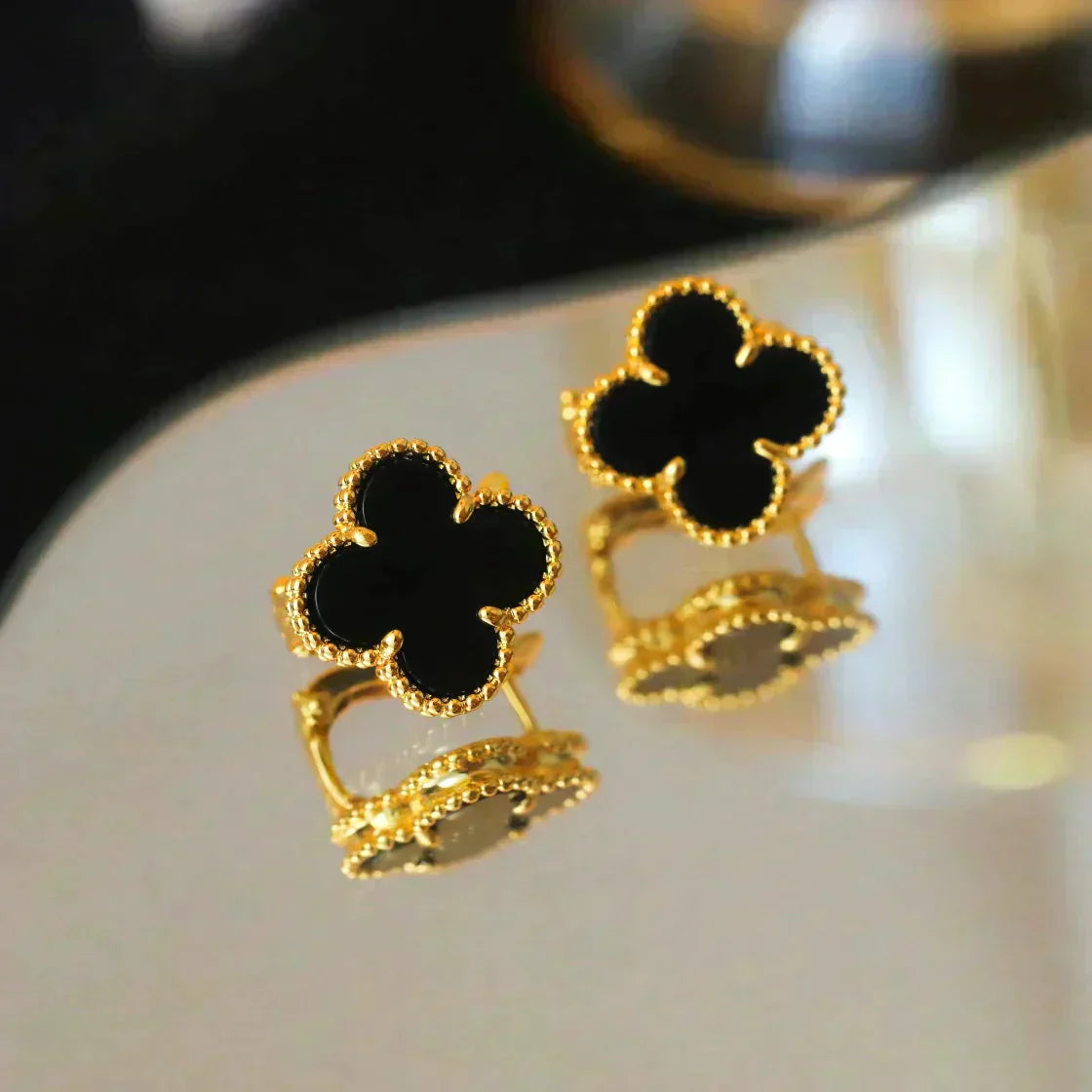 [Agudo Jewelry]CLOVER MEDIUM 1 MOTIFS  ONYX STUD EARRINGS