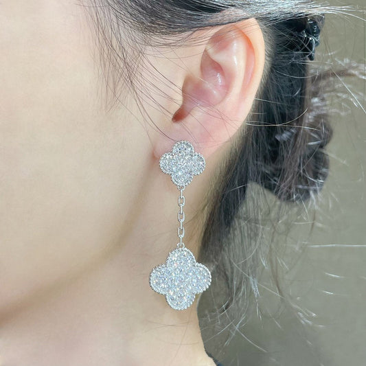 [Agudo Jewelry]CLOVER 2 MOTIFS DIAMOND PAVED SILVER EARRINGS