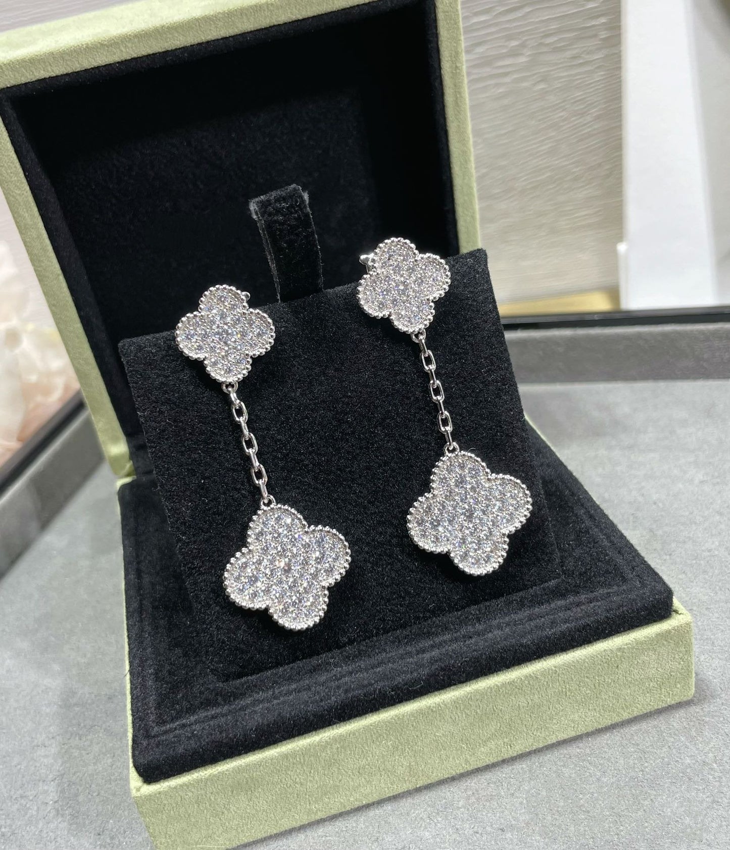 [Agudo Jewelry]CLOVER 2 MOTIFS DIAMOND PAVED SILVER EARRINGS