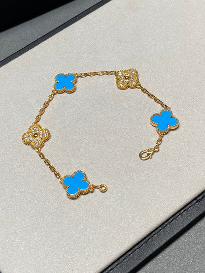 [Agudo Jewelry]CLOVER 5 MOTIF BLUE CHALCEDONY DIAMOND GOLD BRACELET