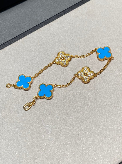 [Agudo Jewelry]CLOVER 5 MOTIF BLUE CHALCEDONY DIAMOND GOLD BRACELET