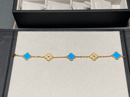 [Agudo Jewelry]CLOVER 5 MOTIF BLUE CHALCEDONY DIAMOND GOLD BRACELET