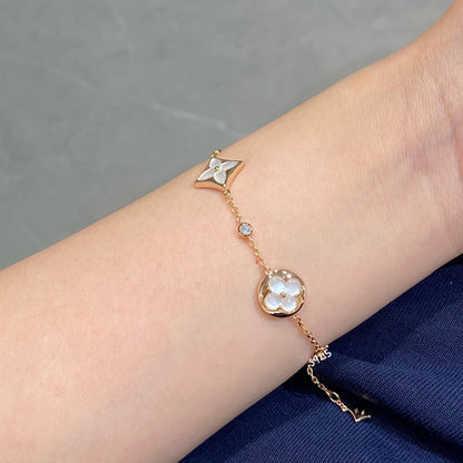 [Agudo Jewelry]STAR AND SUN 4 MOTIF WHITE MOP PINK GOLD BRACELET