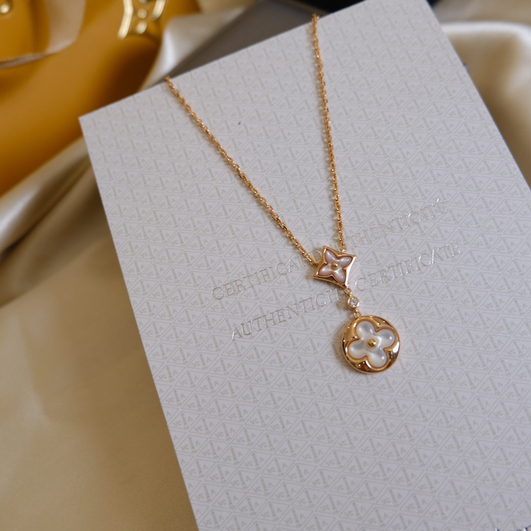 [Agudo Jewelry]STAR AND SUN WHITE MOP 2 MOTIF PINK GOLD NECKLACE