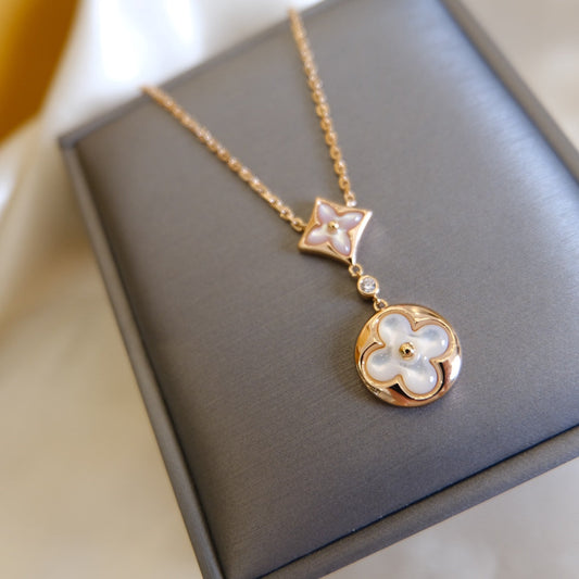 [Agudo Jewelry]STAR AND SUN WHITE MOP 2 MOTIF PINK GOLD NECKLACE