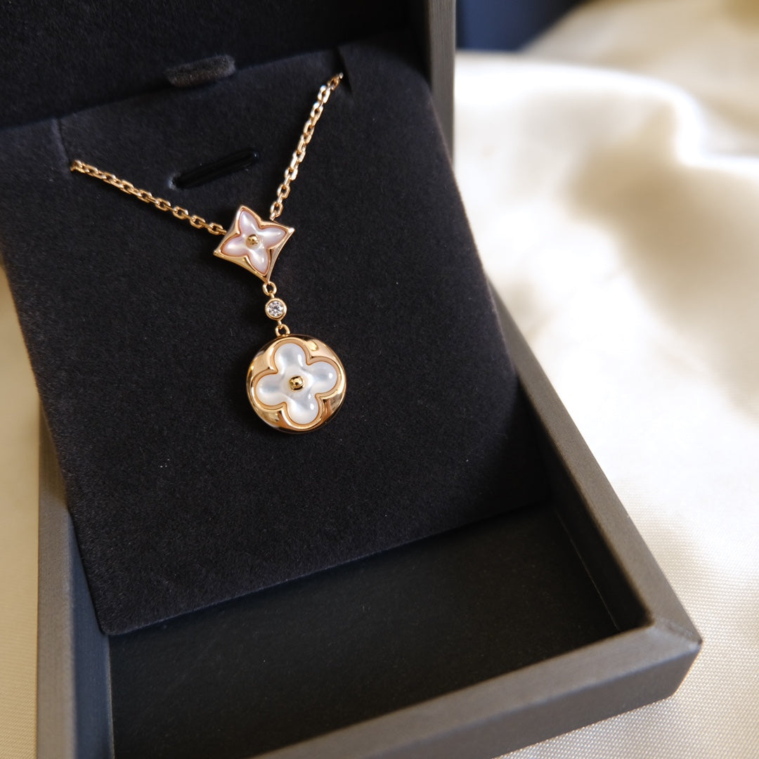 [Agudo Jewelry]STAR AND SUN WHITE MOP 2 MOTIF PINK GOLD NECKLACE