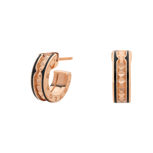 [Agudo Jewelry]ZERO 1 ROCK PINK GOLD EARRINGS WITH STUDDED SPIRAL AND BLACK CERAMIC