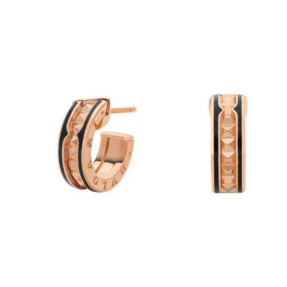 [Agudo Jewelry]ZERO 1 ROCK PINK GOLD EARRINGS WITH STUDDED SPIRAL AND BLACK CERAMIC