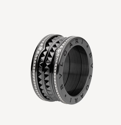 [Agudo  Jewelry]ZERO 1 ROCK FOUR-BAND BLACK CERAMIC WITH STUDDED SPIRAL AND PAVED DIAMONDS RING