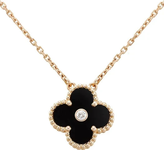 [Agudo Jewelry]CLOVER 15MM DIAMOND ONYX NECKLACE