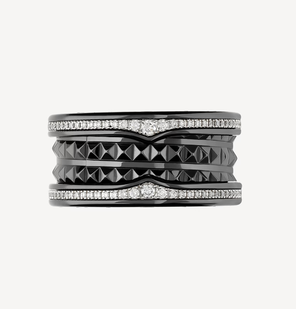 [Agudo  Jewelry]ZERO 1 ROCK FOUR-BAND BLACK CERAMIC WITH STUDDED SPIRAL AND PAVED DIAMONDS RING