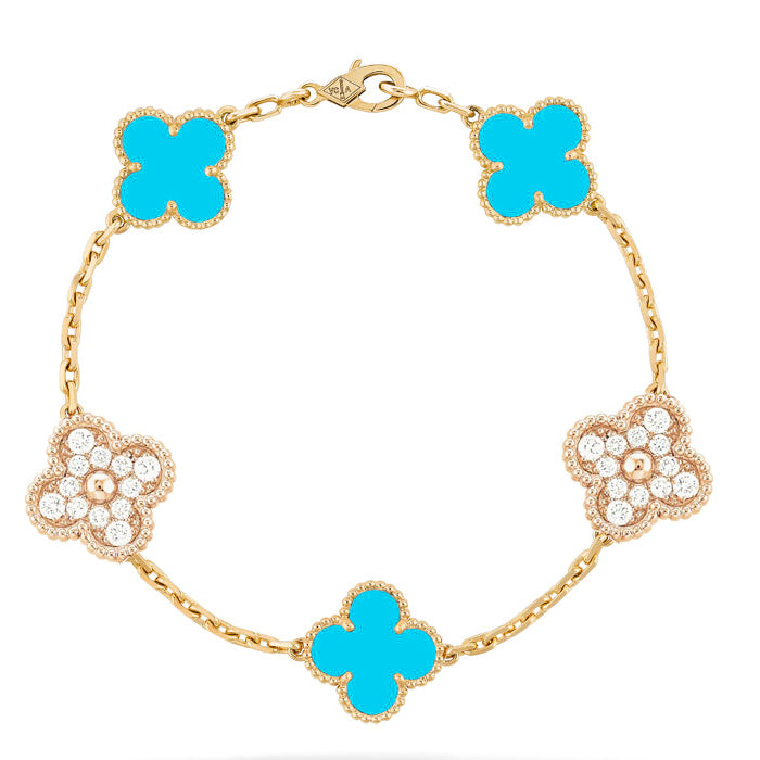 [Agudo Jewelry]CLOVER 5 MOTIF TURQUOISE DIAMOND GOLD BRACELET