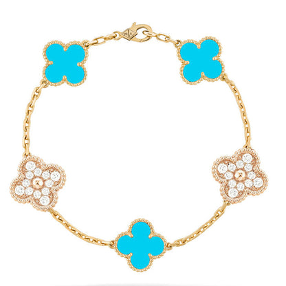 [Agudo Jewelry]CLOVER 5 MOTIF TURQUOISE DIAMOND GOLD BRACELET