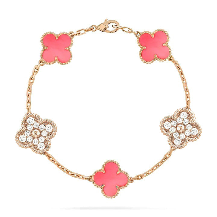 [AgudoJewelry]CLOVER 5 MOTIF DIAMOND PINK MOP PINK GOLD BRACELET