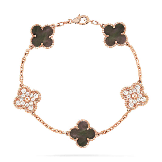 [Agudo Jewelry]CLOVER 5 MOTIFS DARK MOP AND DIAMONDS PINK GOLD BRACELET