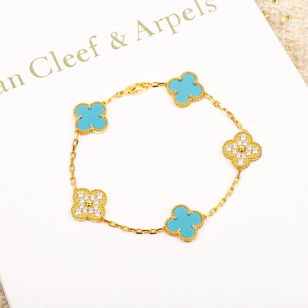 [Agudo Jewelry]CLOVER 5 MOTIF TURQUOISE DIAMOND GOLD BRACELET