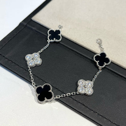 [Agudo Jewelry]CLOVER 5 MOTIF ONYXS DIAMOND BRACELET SILVER