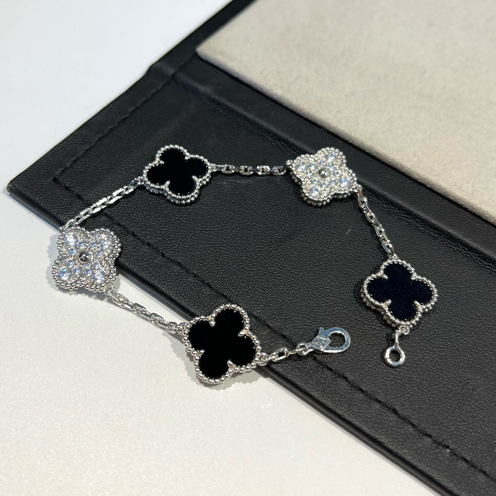 [Agudo Jewelry]CLOVER 5 MOTIF ONYXS DIAMOND BRACELET SILVER