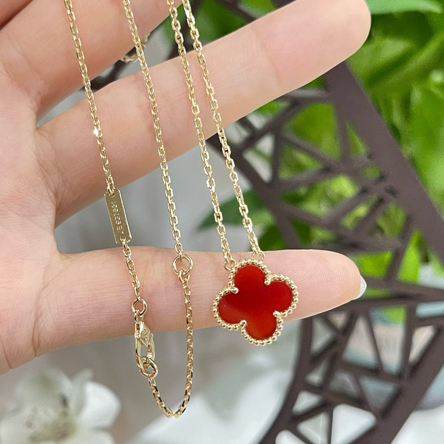 [Agudo Jewelry]CLOVER 15MM CARNELIAN SINGLE FLOWER NECKLACE