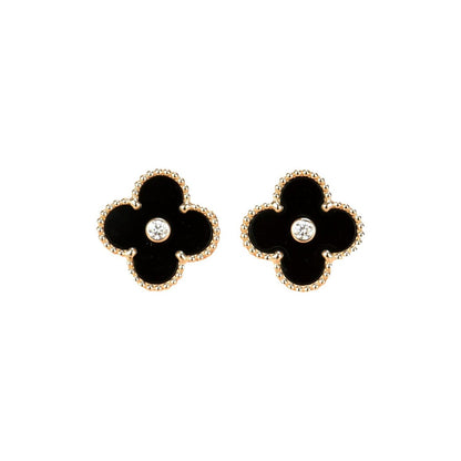 [Agudo Jewelry]CLOVER MEDIUM 1 MOTIFS ONYX DIAMOND EARRINGS