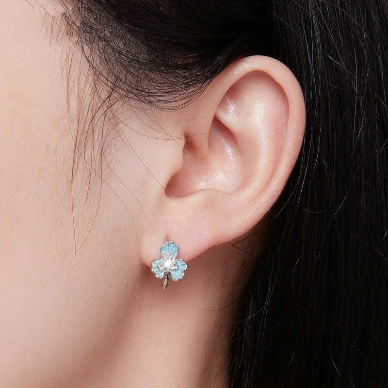 Blue Enamel Iris Ear Buckles Flower Hoop Earrings