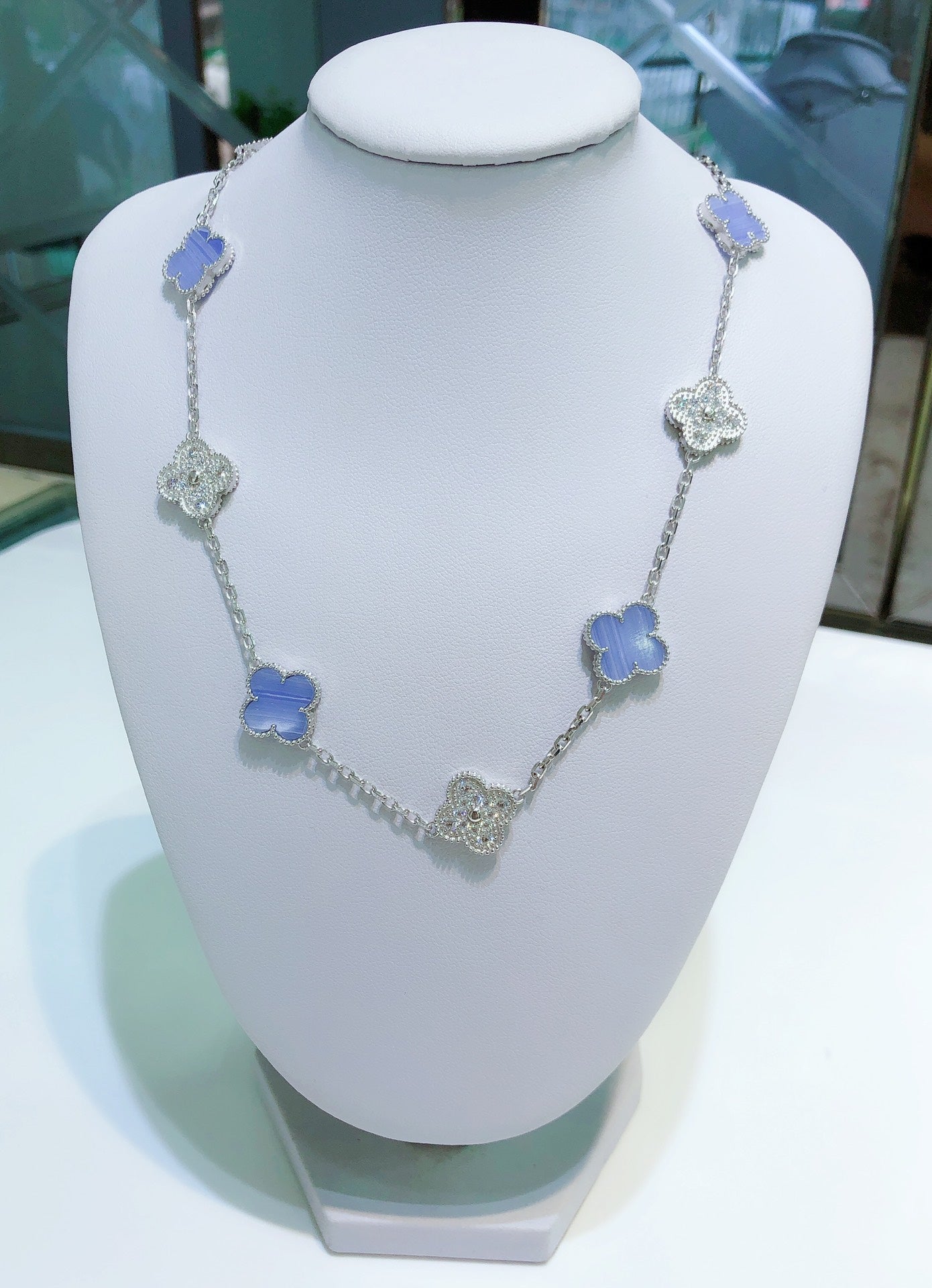 [Agudo Jewelry]CLOVER 10 MOTIFS CHALCEDONY DIAMONDS SILVER NECKLACE