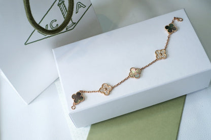 [Agudo Jewelry]CLOVER 5 MOTIFS DARK MOP AND DIAMONDS PINK GOLD BRACELET