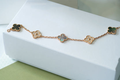 [Agudo Jewelry]CLOVER 5 MOTIFS DARK MOP AND DIAMONDS PINK GOLD BRACELET