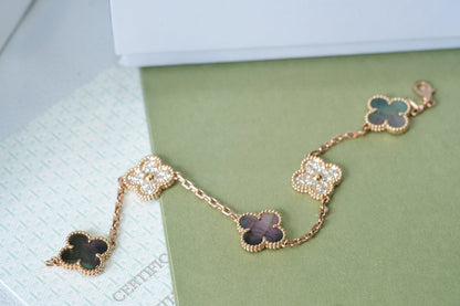 [Agudo Jewelry]CLOVER 5 MOTIFS DARK MOP AND DIAMONDS PINK GOLD BRACELET